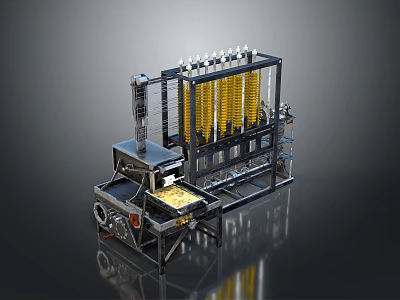 Industrial Mechanical System With Yellow Vertical Components And Conveyor Belt 3d model