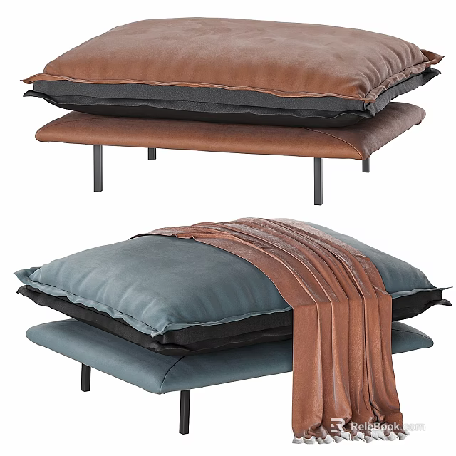 Modern Upholstered Ottoman With Brown Blue Black Cushions Leather Blanket And Metal Legs 3d model 