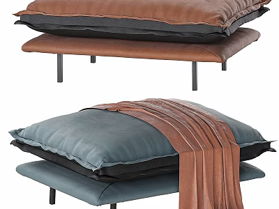 Modern Upholstered Ottoman With Brown Blue Black Cushions Leather Blanket And Metal Legs 3d model