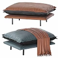 Modern Upholstered Ottoman With Brown Blue Black Cushions Leather Blanket And Metal Legs