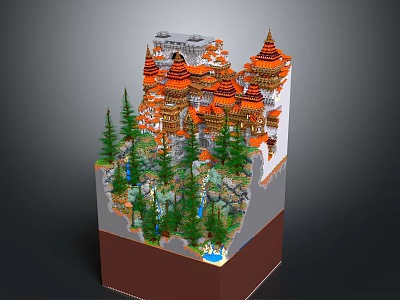 Cartoon Scene Featuring 3D Structure With Orange Roofed Towers Pine Trees And Waterfalls 3d model