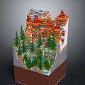 Cartoon Scene Featuring 3D Structure With Orange Roofed Towers Pine Trees And Waterfalls