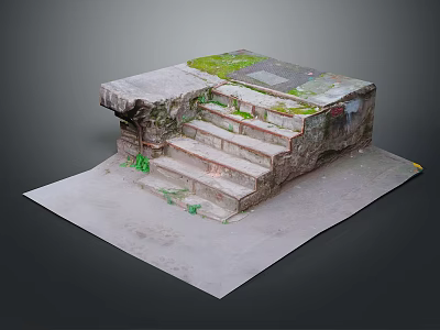 Weathered Outdoor Scene Component With Stone Steps Slab Floor And Grass 3d model