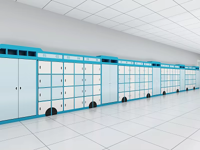 Blue And White Wardrobes With Numbers And Wheels In Spacious Room White Tile Floor Ceiling 3d model