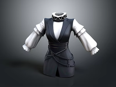 Stylish Black Vest With White Long Sleeves Collar Detail And Chain Belt 3d model