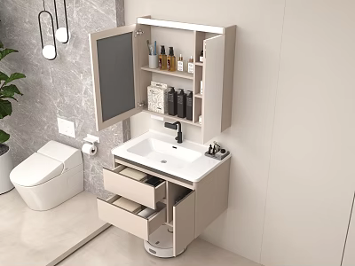 Modern Bathroom Vanity Featuring Mirrored Cabinet Drawers Toiletries Hanging Lights And Potted Plant 3d model