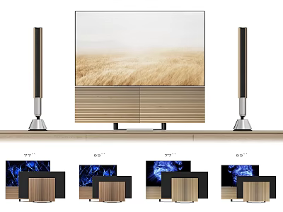 Smart TV with Standing Speakers and Wooden Cabinet Displaying Golden Wheat Field 3d model
