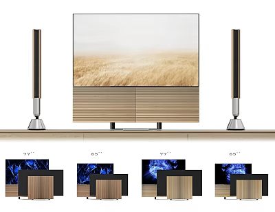 Smart TV with Standing Speakers and Wooden Cabinet Displaying Golden Wheat Field 3d model