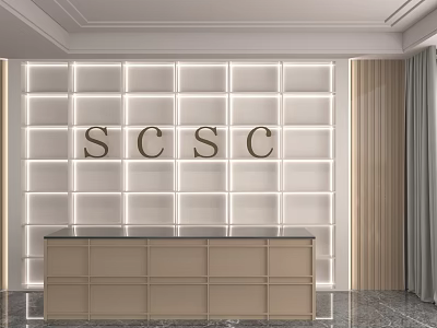 Modern Shop Front Desk Interior With Lighted Grid Wall SCSC Sign Beige Drawers And Dark Marble Floor 3d model