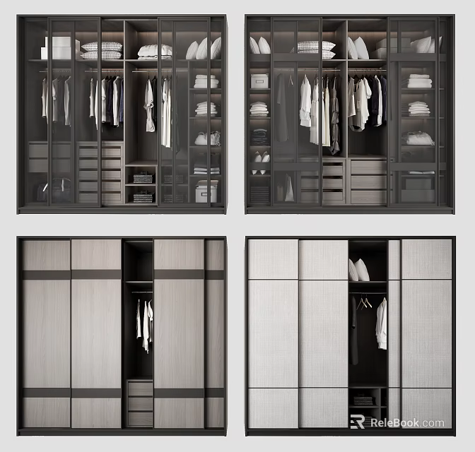 Modern Wardrobe Interior With Glass Doors Shelves Hanging Clothes And Drawers 3d model 