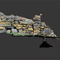 Scenic Ruined Stone Wall Landscape With Grass Covered Ground And Broken Structures