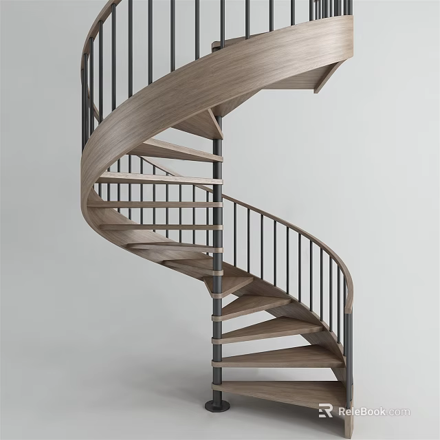 Modern Spiral Staircase With Wooden Steps And Metal Railings For Home Interior 3d model 