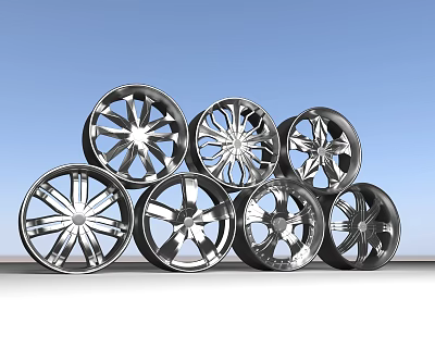 Stacked Car Tires With Silver And Black Wheel Rims Against Blue Sky Background 3d model