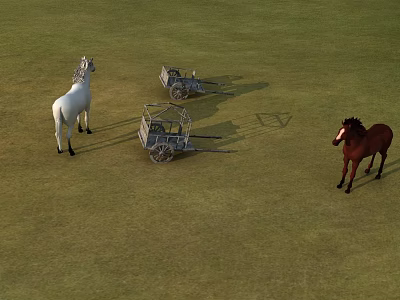 Landscape Sculpture With Two Horses And Old Carts On Green Grassland 3d model
