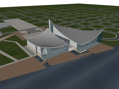 Modern Waterfront Building With Curved Roof Glass Facade And Green Surroundings 3d model