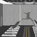 Modern Fitness Gym Interior With Treadmills Geometric Lighting Yellow Pillars And Wall Silhouettes