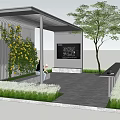 Modern Pergola With Metal Frame Greenery Bench Information Board And Lawn