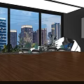 Modern Interior Design Featuring Large Windows City View White Stones Green Plants On Wooden Floor