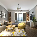 Modern Apartment Interior Design With Bed Sofa TV Pendant Light Plant And Wall Art