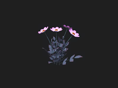Beautiful Pink And Purple Flowers With Green Leaves On Black Background 3d model