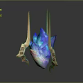 Mythical Character's Creature Inspired Glowing Blue Crystal Armament With Golden Spiked Wings And Symbols