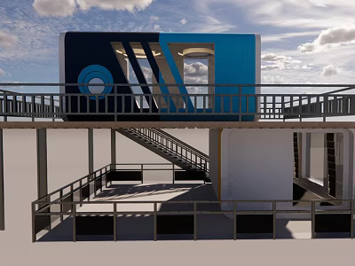 Modern Mall Store Exterior Design With Blue Black Structure Balcony And Staircase 3d model