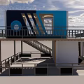 Modern Mall Store Exterior Design With Blue Black Structure Balcony And Staircase
