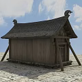 Ancient Traditional Wooden Building With Sloped Roof Ornamental Figures And Stone Base