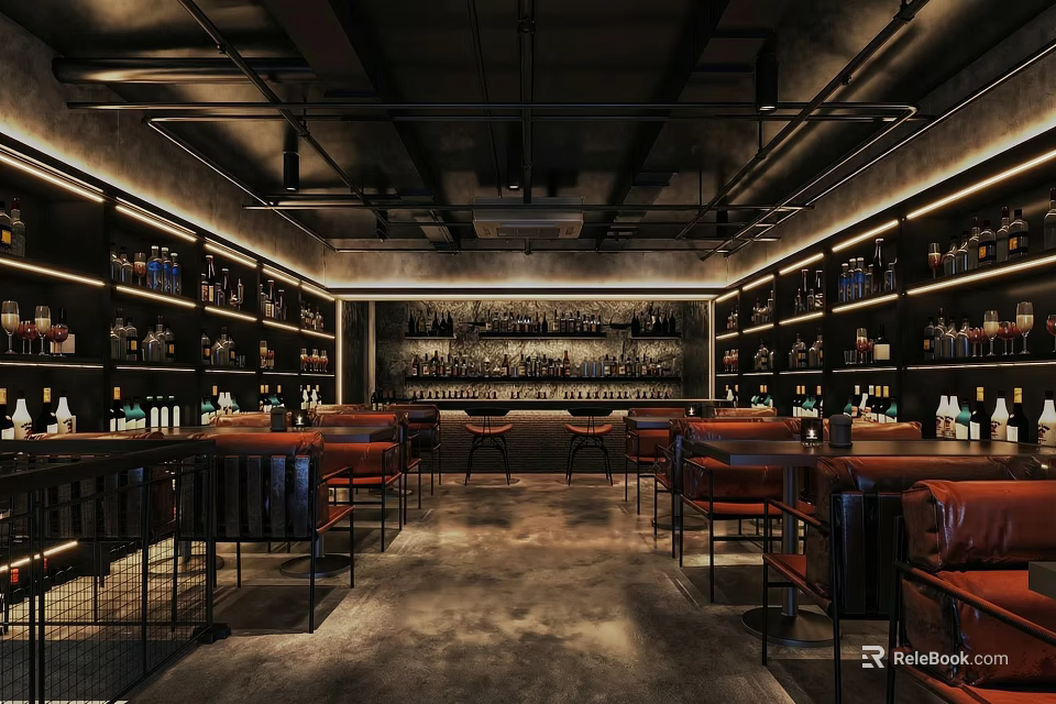 Modern Bar Interior Design With Shelves Bottles Bar Counter Seats And Warm Lighting 3d model 