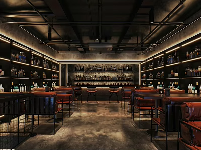 Modern Bar Interior Design With Shelves Bottles Bar Counter Seats And Warm Lighting 3d model