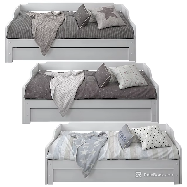 Simple Kids Bed With White Frame Gray Bedding Pillows And Blankets 3d model