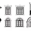Various Window Styles with White Frames Black Glass Including Balcony Arched and Bay Designs