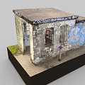 Graffiti Covered Small Building Model With Weathered Exterior Open Door And Windows