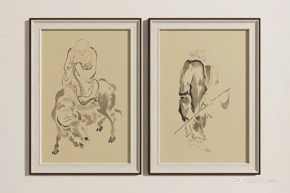Two Framed Traditional Ink Figure Paintings Featuring Man on Ox and Elder with Staff 3d model 