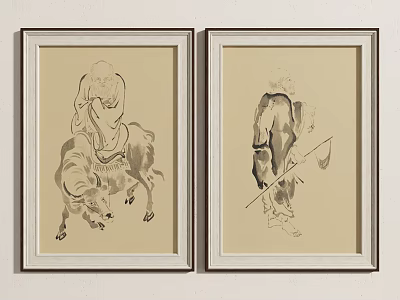 Two Framed Traditional Ink Figure Paintings Featuring Man on Ox and Elder with Staff 3d model