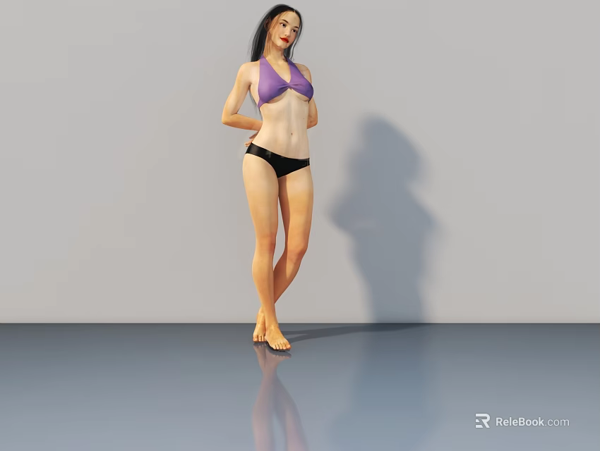 Woman in purple bikini top and black bikini bottom standing barefoot on gray floor 3d model 