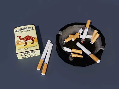 Camel Cigarette Pack With Ashtray And Scattered Cigarettes On Dark Background 3d model