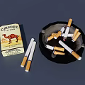 Camel Cigarette Pack With Ashtray And Scattered Cigarettes On Dark Background 3d model
