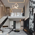 Modern Duplex Living Room Interior With Chandelier Fireplace And Art Mural