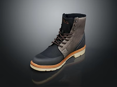 Stylish Dark Gray Lace Up Mid Calf Boots Leather Canvas Upper Brown Laces Rubber Sole 3d model
