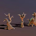 3D Rendered Unique Wood Stone Sculptures With Twisted Trunks And Green Sheen