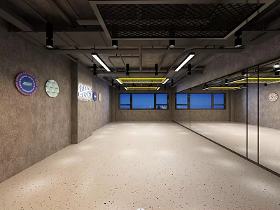Spacious Fitness Gym With Gray Concrete Walls Large Mirrors And Strip Lights 3d model