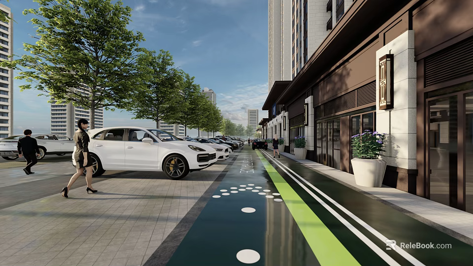 Garden Landscape Design Featuring Trees Paved Walkway Green Lines White Cars and Potted Plants 3d model 