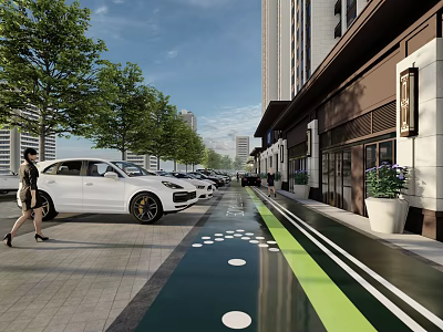 Garden Landscape Design Featuring Trees Paved Walkway Green Lines White Cars and Potted Plants 3d model