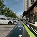 Garden Landscape Design Featuring Trees Paved Walkway Green Lines White Cars and Potted Plants