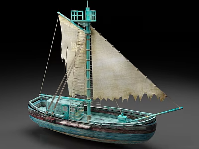Vintage Wooden Boat Featuring White Sail Blue Hull Green Mast And Detailed Structure Design 3d model