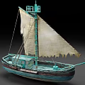 Vintage Wooden Boat Featuring White Sail Blue Hull Green Mast And Detailed Structure Design
