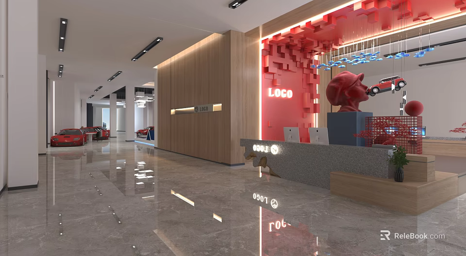 Modern Showroom Interior With Red LOGO Wall Reception Wooden Walls Marble Floor And Car Models 3d model 