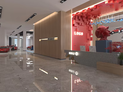 Modern Showroom Interior With Red LOGO Wall Reception Wooden Walls Marble Floor And Car Models 3d model