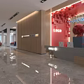 Modern Showroom Interior With Red LOGO Wall Reception Wooden Walls Marble Floor And Car Models